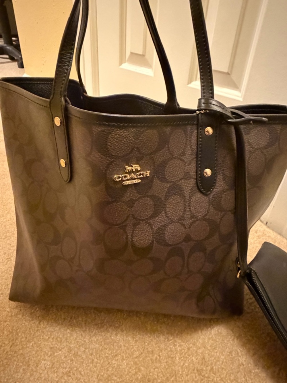 Coach Brown Signature Canvas Tote with Black Trim